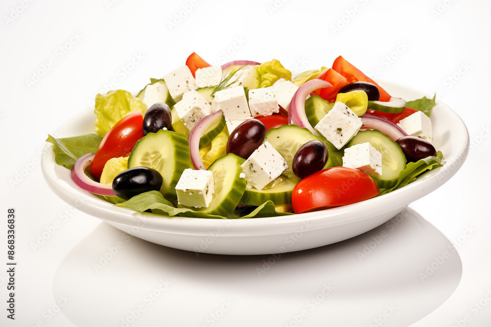 Greek Salad with feta cheese cucumbers black olives angle view on white background Greek Salad with feta cheese cucumbers black olives angle view on white background