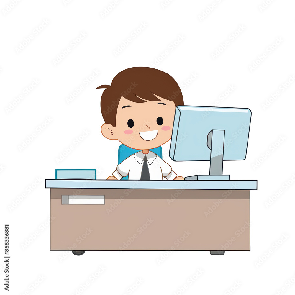 A happy cartoon businessman working on his computer at his desk., png, transparent A happy cartoon businessman working on his computer at his desk., png, transparent