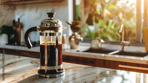 french press filled with fresh coffee on countertop 