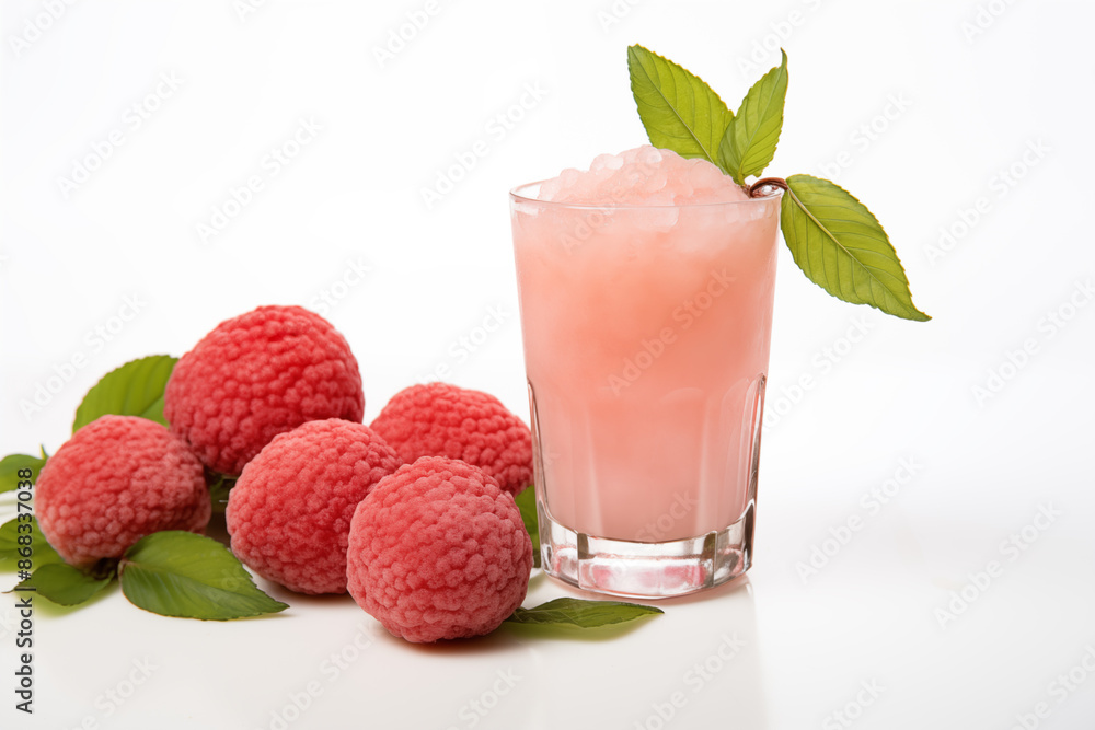 Lychee Juice with fresh green leaves and lychee fruits on white background Lychee Juice with fresh green leaves and lychee fruits on white background