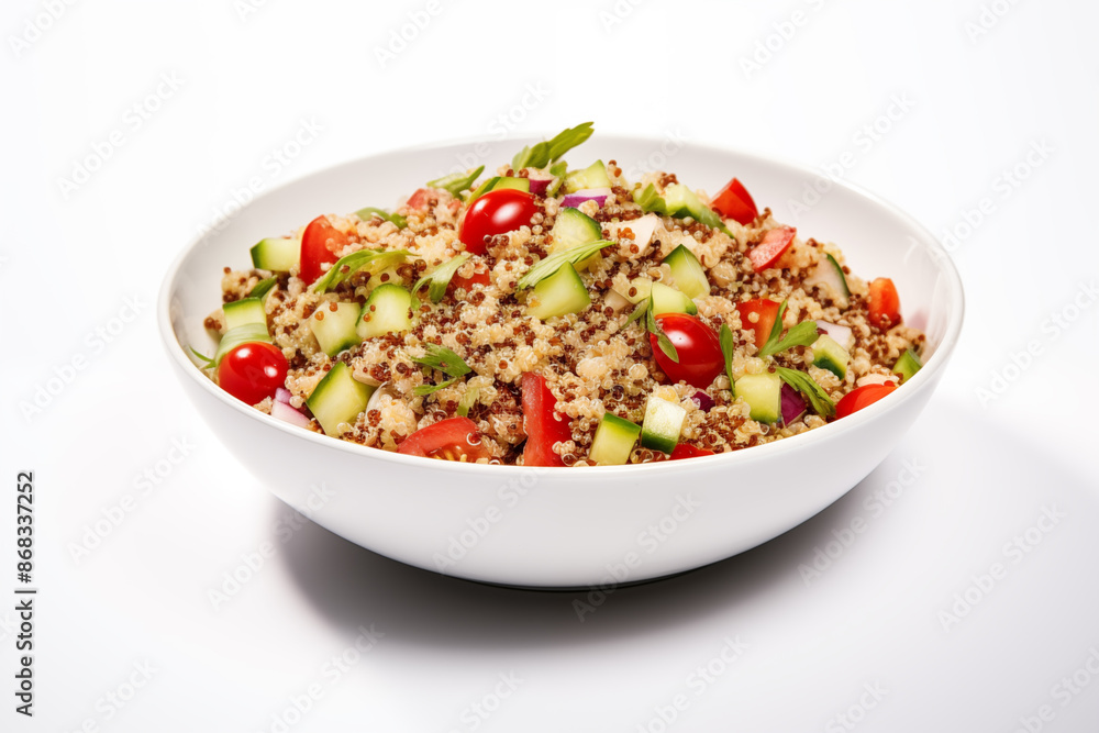 Quinoa Salad with cherry tomatoes red onion cucumber in white bowl isolated on white background Quinoa Salad with cherry tomatoes red onion cucumber in white bowl isolated on white background