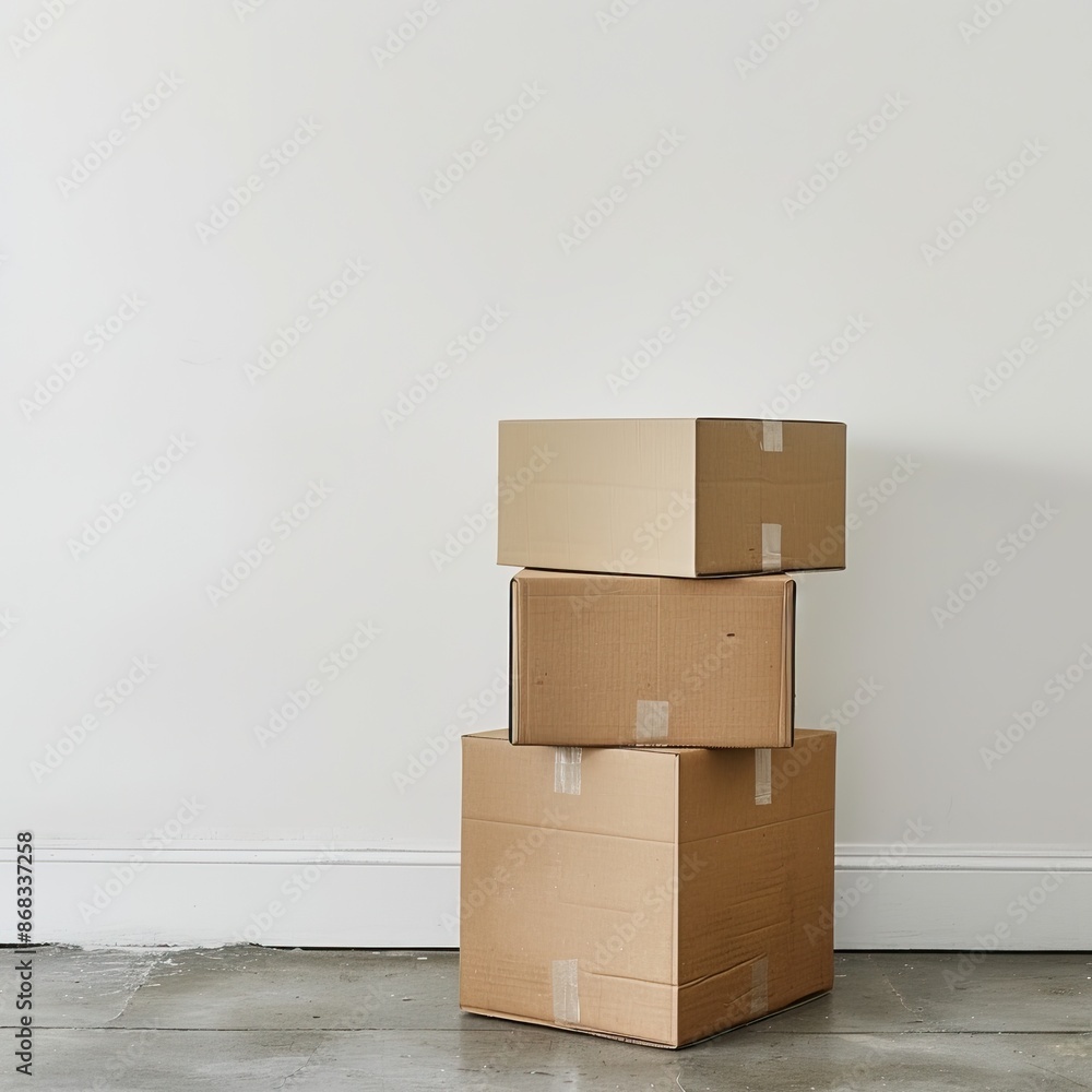 Three stacked cardboard boxes against a plain white wall on a concrete floor, symbolizing moving, shipping, and storage concepts. Three stacked cardboard boxes against a plain white wall on a concrete floor, symbolizing moving, shipping, and storage concepts.