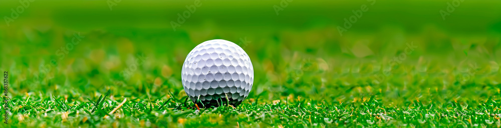 A close-up of a golf ball resting on a well-manicured lawn, ready for the next shot on the golf course A close-up of a golf ball resting on a well-manicured lawn, ready for the next shot on the golf course