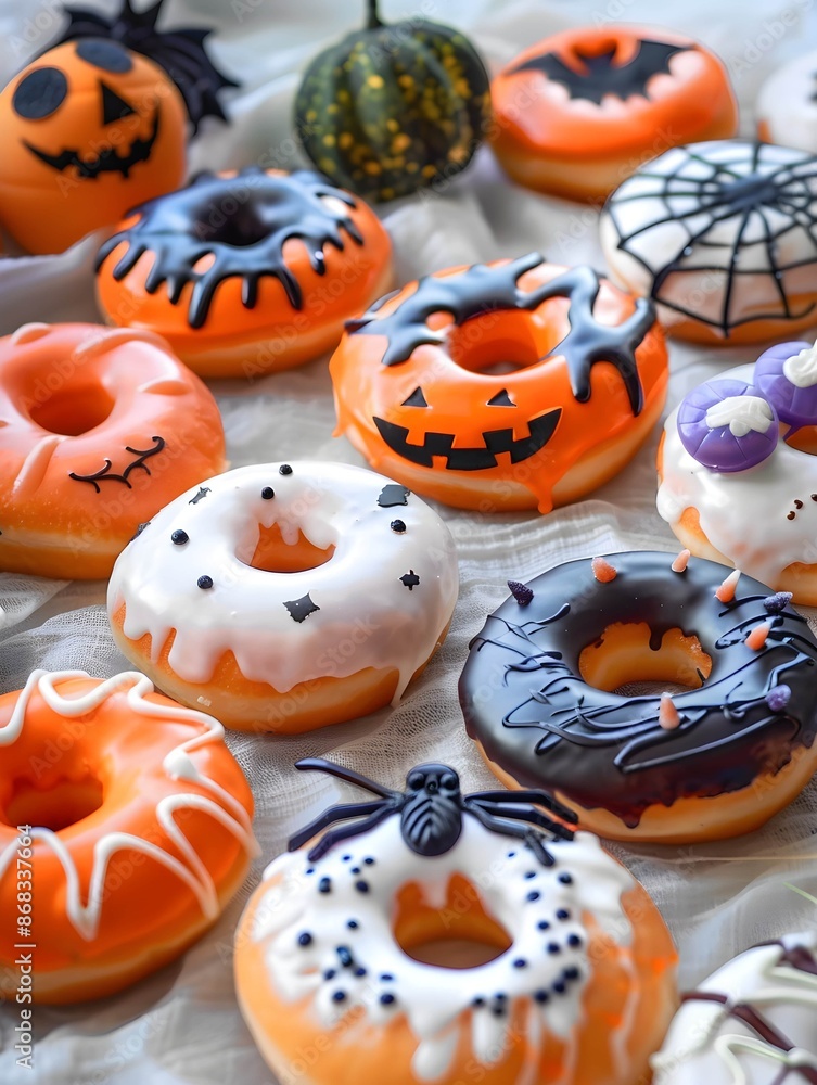 halloween-themed doughnuts with various icing designs halloween-themed doughnuts with various icing designs