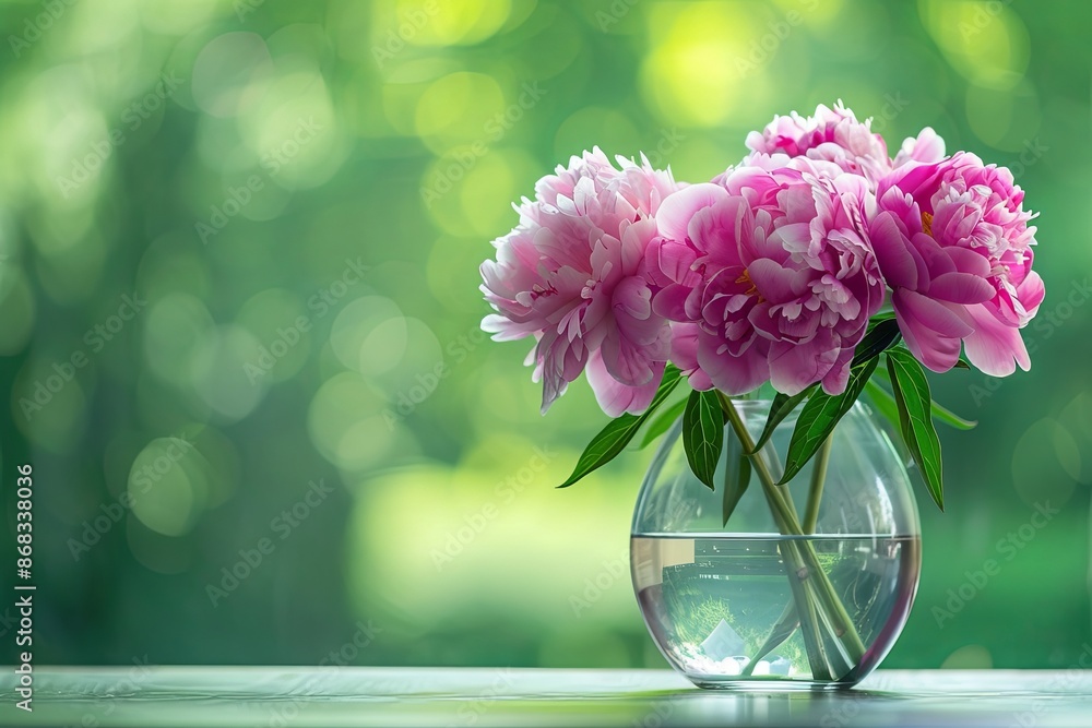 Bouquet of Beautiful Pink Peonies in a Glass Vase on Blurred Green Background. Romantic Floral Arrangement for Spring, Love, and Beauty. Bouquet of Beautiful Pink Peonies in a Glass Vase on Blurred Green Background. Romantic Floral Arrangement for Spring, Love, and Beauty.