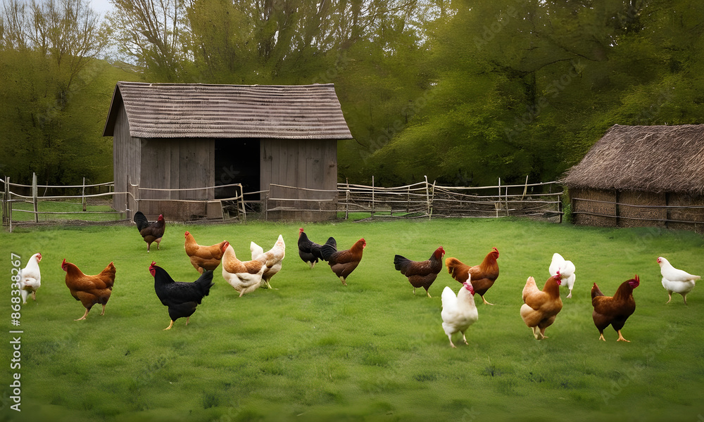 Fototapeta premium Free range chickens roaming on lush green pasture by wooden barn