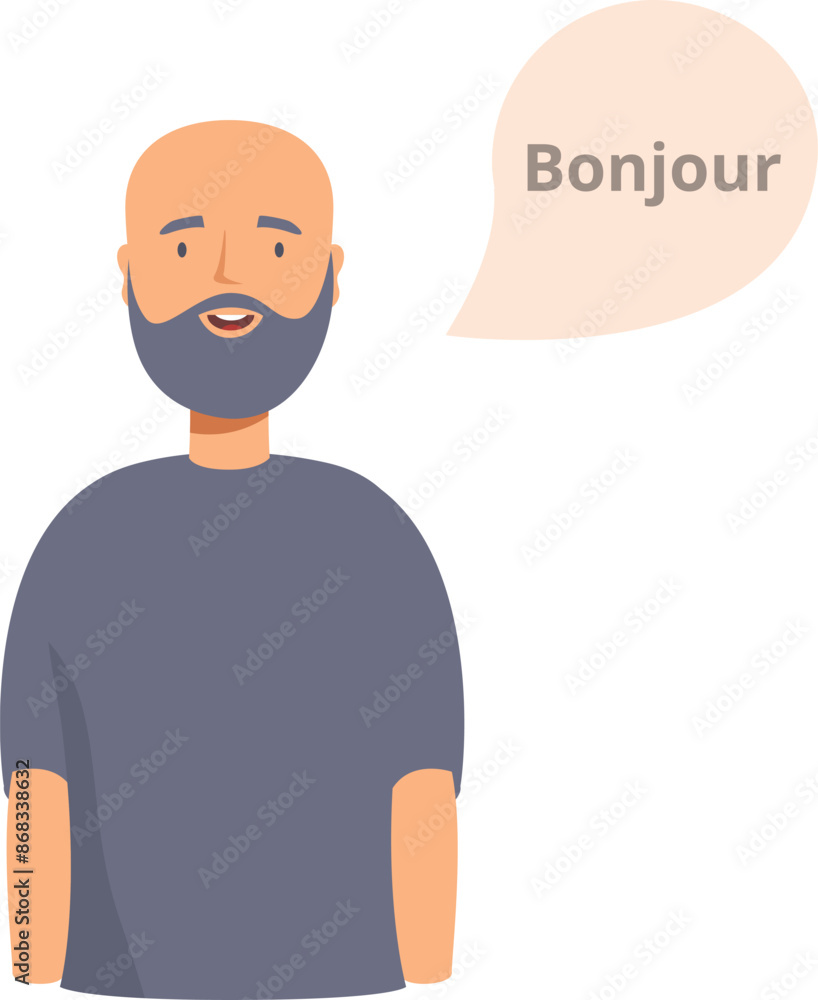 Bearded man speaking french, saying bonjour, greeting in speech bubble, language learning concept