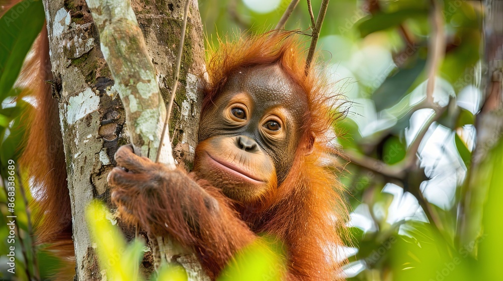 Fototapeta premium Endangered baby orangutan clinging to a tree in lush green rainforest. Wildlife, conservation, and habitat preservation concept