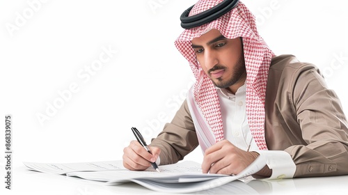 Focused Arab businessman in traditional clothing reviewing documents or contracts at his desk. Concepts. business, finance, concentration, work ethic