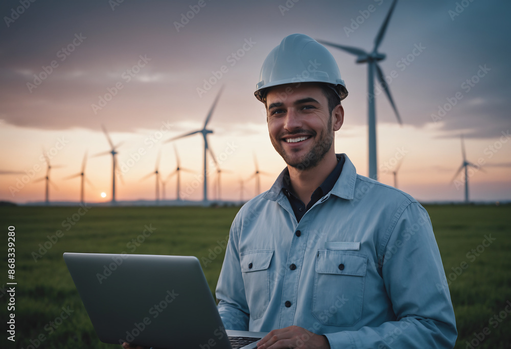 A smiling engineer standing in a field with wind turbines in the background, holding a laptop. Renewable energy, wind power, sustainable technology, and environmental engineering. A smiling engineer standing in a field with wind turbines in the background, holding a laptop. Renewable energy, wind power, sustainable technology, and environmental engineering.