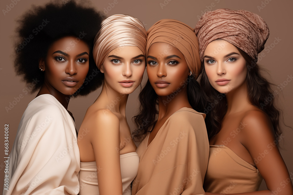 Obraz premium Diverse Multi-Ethnic Beauty: Portraits of Caucasian, African, and Asian Women. Generative AI
