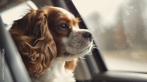 Charming dog look out open car window. Funny dog blows by wind from open car window during trip. Curious puppy is watching happening outside car, 32k, full ultra hd, high resolution --ar 16:9
