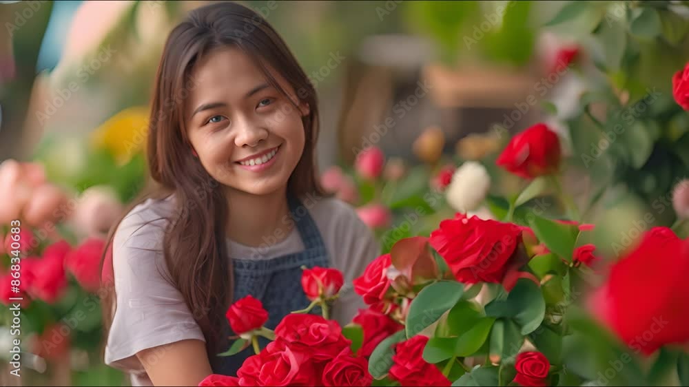 Asian happy, contented, professional female florist designer, wearing an apron, seated and grinning while trimming spikes and adorning a red rose branch with scissors Asian happy, contented, professional female florist designer, wearing an apron, seated and grinning while trimming spikes and adorning a red rose branch with scissors