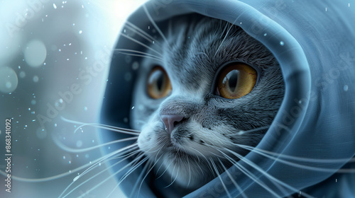 Close up photo of 3D cat in blue oversize hoodie, 32k, full ultra hd, high resolution --ar 16:9