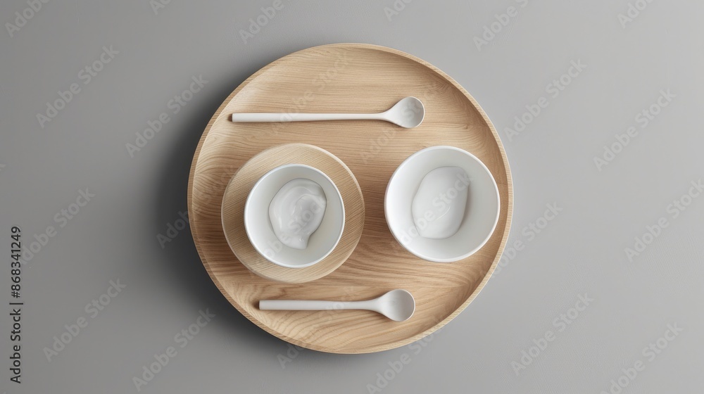 A minimalist composition featuring white bowls placed on an oak wooden plate, accompanied by spoon and fork. A minimalist composition featuring white bowls placed on an oak wooden plate, accompanied by spoon and fork.
