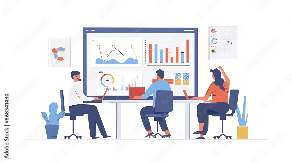 The image is a flat illustration depicting a group of people working in a collaborative office environment. The scene features three individuals seated at a large table. Generative AI The image is a flat illustration depicting a group of people working in a collaborative office environment. The scene features three individuals seated at a large table. Generative AI