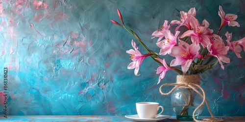 Pink Nerine Lily Flowers in Vase with Cup of Coffee. Still Life Floral Photography photo