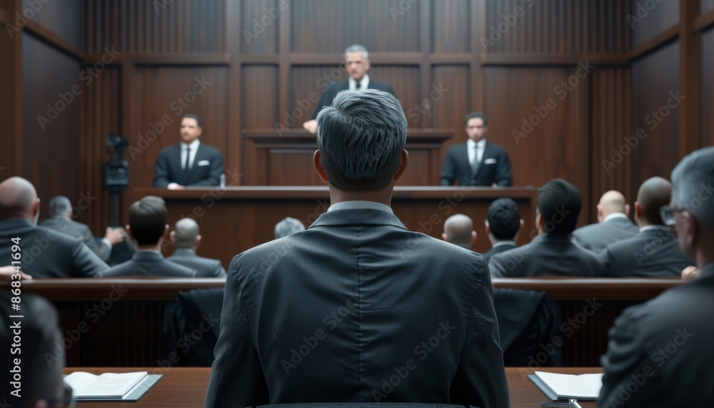 Fototapeta premium A man in a suit is sitting in a courtroom with a judge and other people