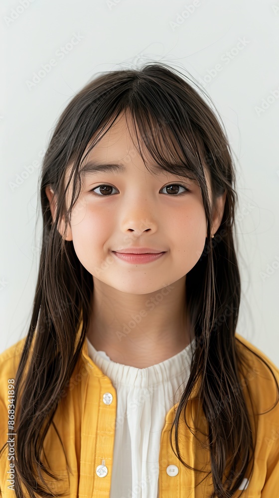 Smiling young girl with long hair wearing a yellow jacket, standing against a white background. Smiling young girl with long hair wearing a yellow jacket, standing against a white background.