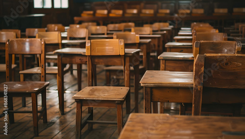 Wallpaper Mural Empty school classroom with rows of vintage wooden desks and chairs. Soft lighting enhances the nostalgic atmosphere. Ideal for themes on education, back to school, and traditional classroom settings. Torontodigital.ca
