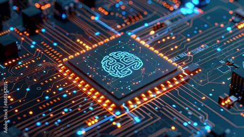 Computer processor microchip of motherboard in brain symbol representing artificial intelligence, AI technology