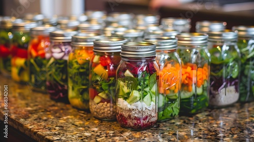 rows of mason jar salads on kitchen counter