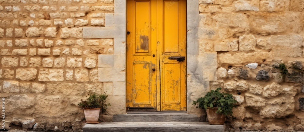 Old Yellow Door on a Stone Wall Old Yellow Door on a Stone Wall