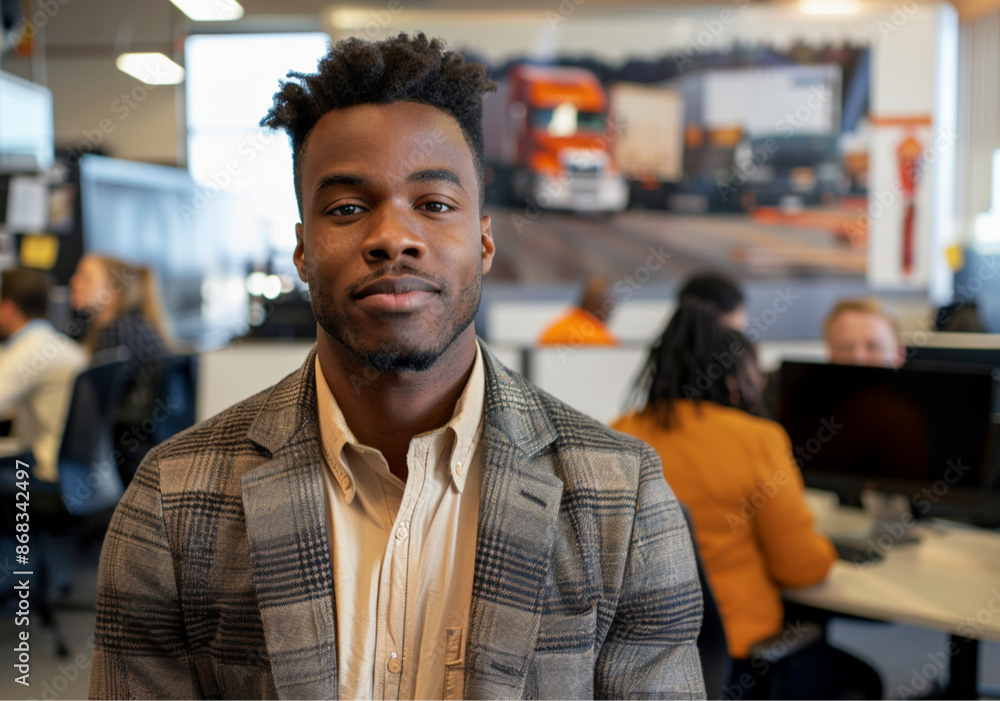 A logistics broker, dressed in Business jacket without tie, stands confidently facing the camera with a friendly and approachable expression, The overall atmosphere is bright and welcoming A logistics broker, dressed in Business jacket without tie, stands confidently facing the camera with a friendly and approachable expression, The overall atmosphere is bright and welcoming