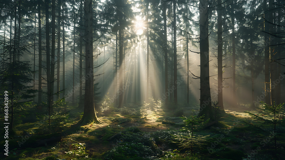 Fototapeta premium A natural forest of spruce trees, the sun's rays through the mist create a mystical atmosphere