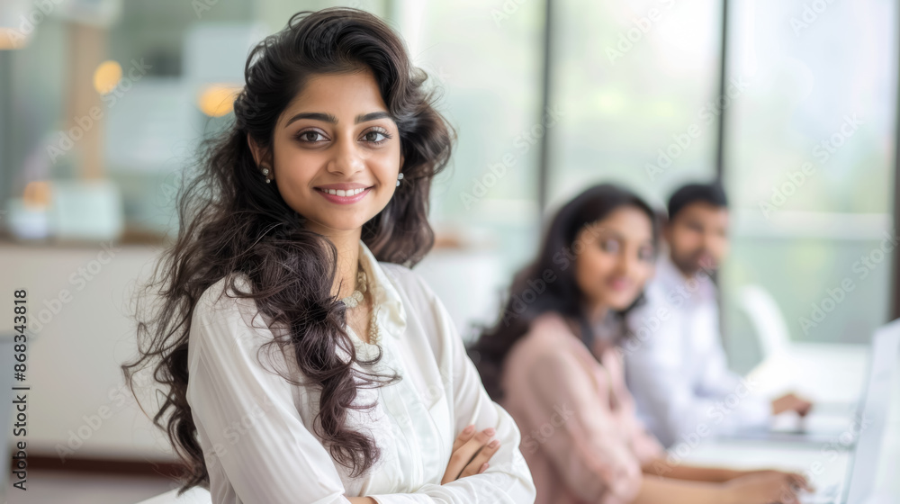 An Indian woman with long curly hair, wearing a white blouse, smiling confidently in a bright, contemporary office setting with colleagues in the background. An Indian woman with long curly hair, wearing a white blouse, smiling confidently in a bright, contemporary office setting with colleagues in the background.