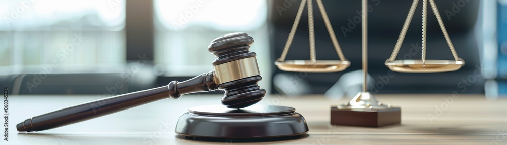A judge's gavel sits on a wooden base next to a pair of scales A judge's gavel sits on a wooden base next to a pair of scales