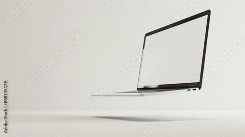 A laptop mockup with a white screen seemingly floating in mid-air, suspended by nearly invisible wires against a clean white background photo