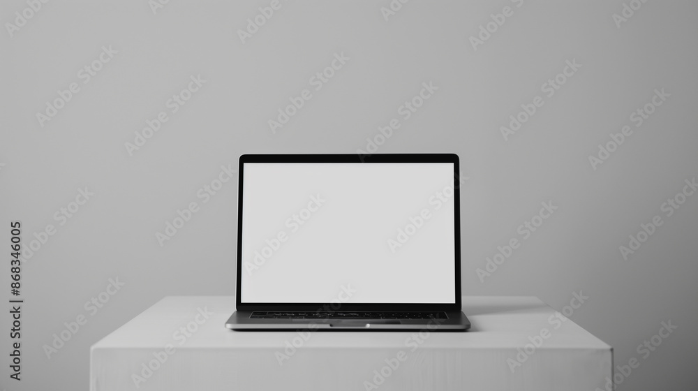 A laptop mockup with a white screen on a plain white table, with nothing else on the table and an empty white wall behind it A laptop mockup with a white screen on a plain white table, with nothing else on the table and an empty white wall behind it