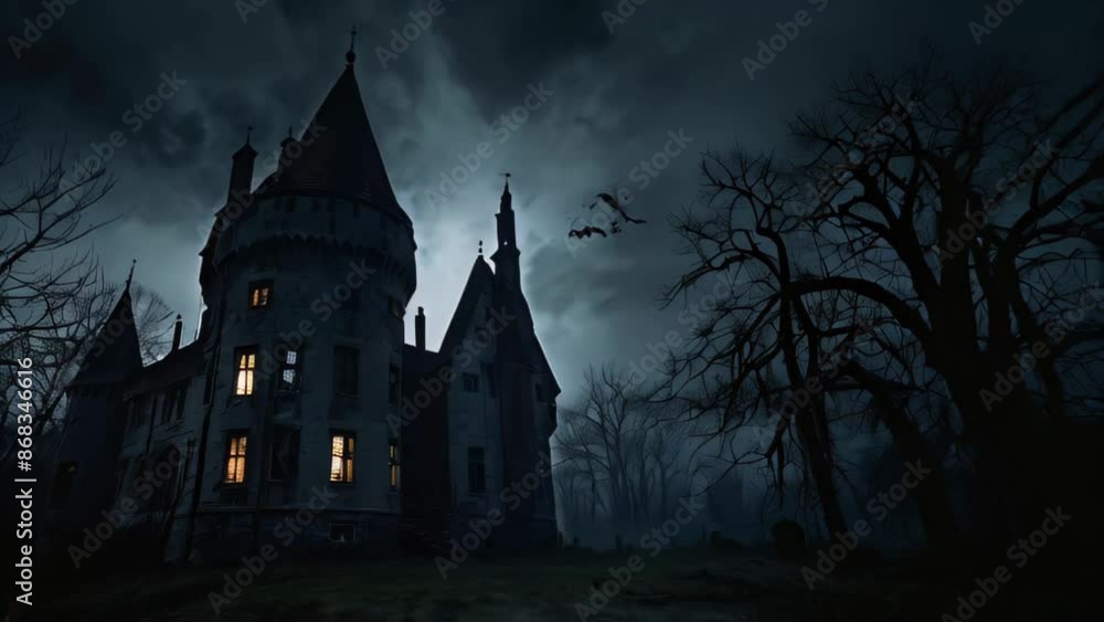 dark, foreboding castle sits under a stormy night sky, with its windows glowing ominously. Barren trees surround the castle, adding to the spooky and mysterious atmosphere dark, foreboding castle sits under a stormy night sky, with its windows glowing ominously. Barren trees surround the castle, adding to the spooky and mysterious atmosphere