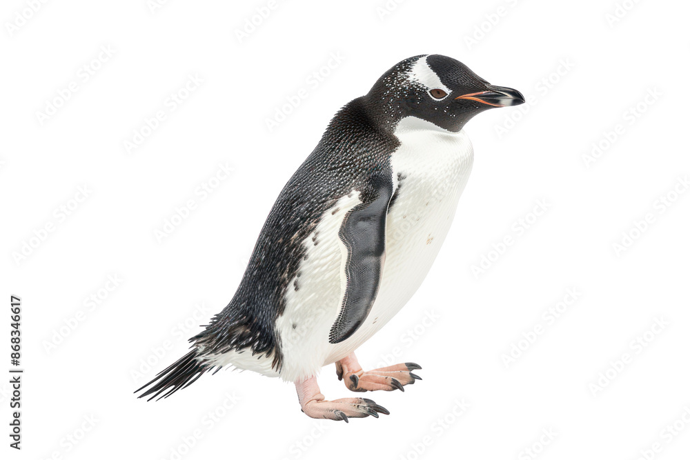 Fototapeta premium Close-up of an Adelie penguin standing against a white background, showcasing its distinctive black and white plumage.