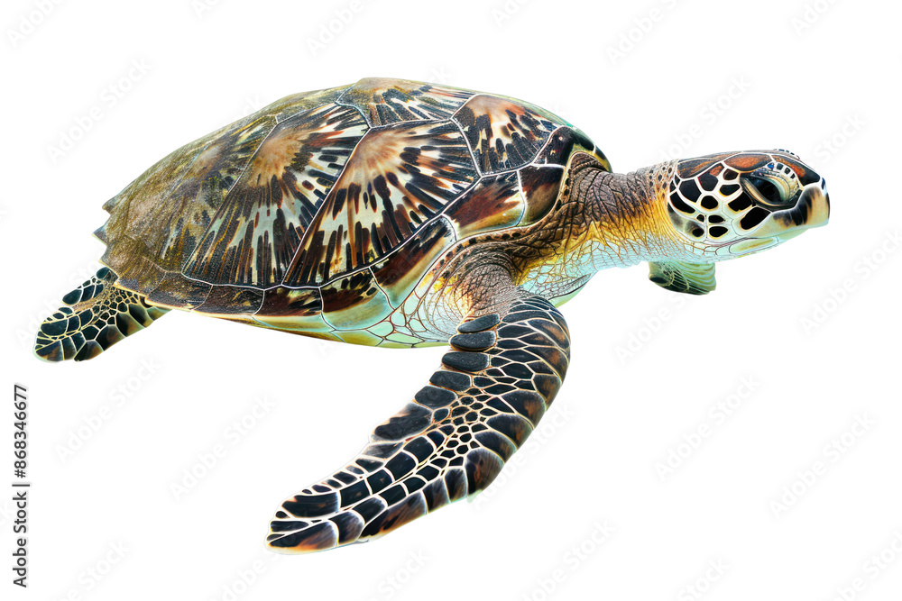 Obraz premium Close-up image of a colorful marine turtle swimming gracefully against a white background. Perfect for nature and wildlife themes.