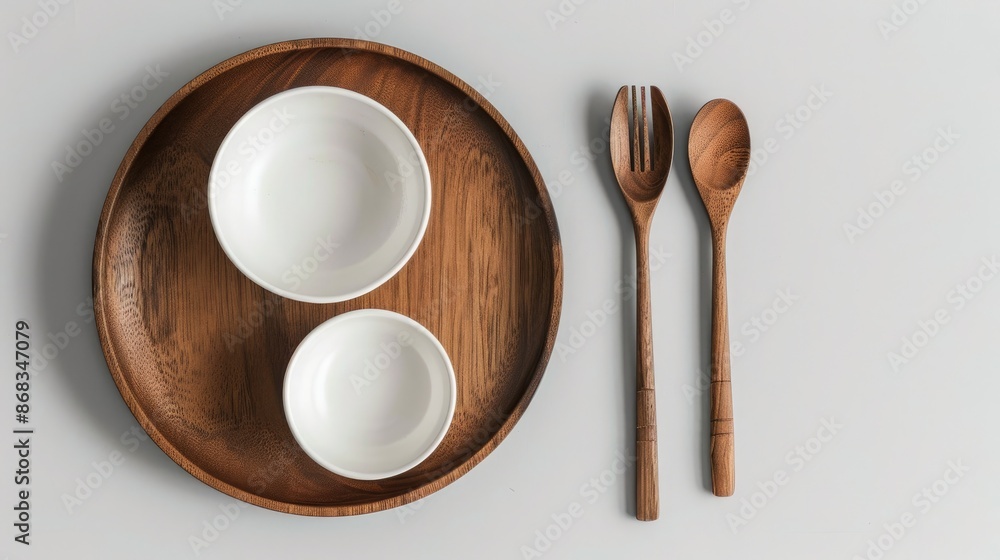 A minimalist composition featuring white bowls placed on an oak wooden plate, accompanied by spoon and fork. A minimalist composition featuring white bowls placed on an oak wooden plate, accompanied by spoon and fork.