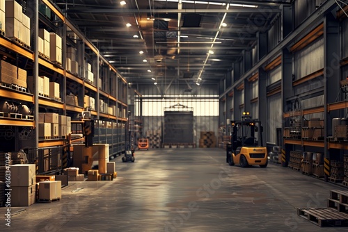 Industrial Warehouse Storage Facility with Shelving, Forklifts, and Ceiling Mounted Heaters