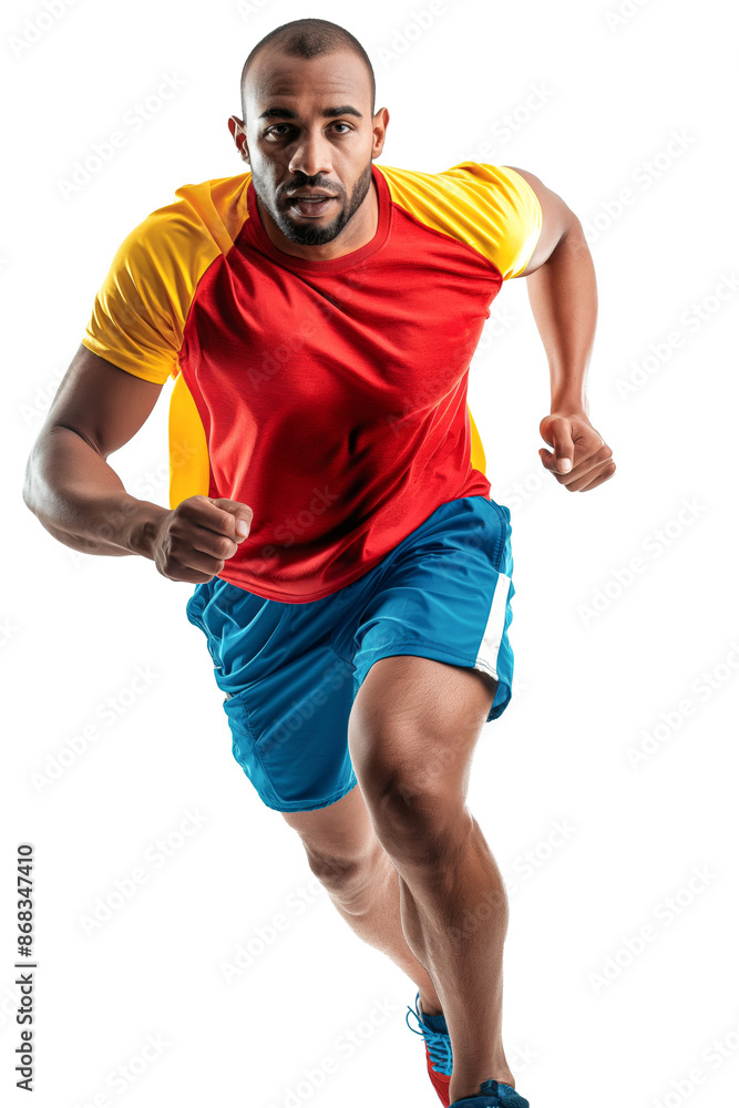 Man in Red and Yellow Shirt Running with Determination Man in Red and Yellow Shirt Running with Determination