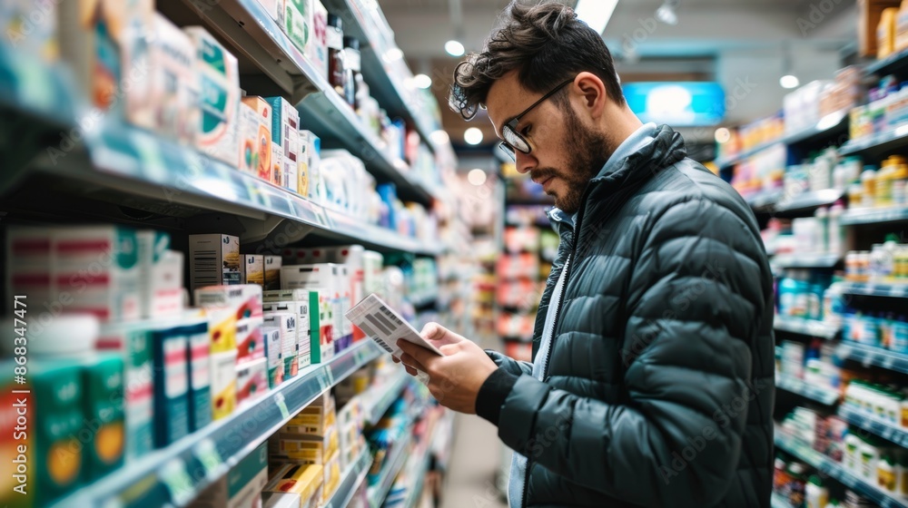 Man Reading Allergy Medication Label in Pharmacy Aisle with Well-Organized Health Products Shelves Man Reading Allergy Medication Label in Pharmacy Aisle with Well-Organized Health Products Shelves