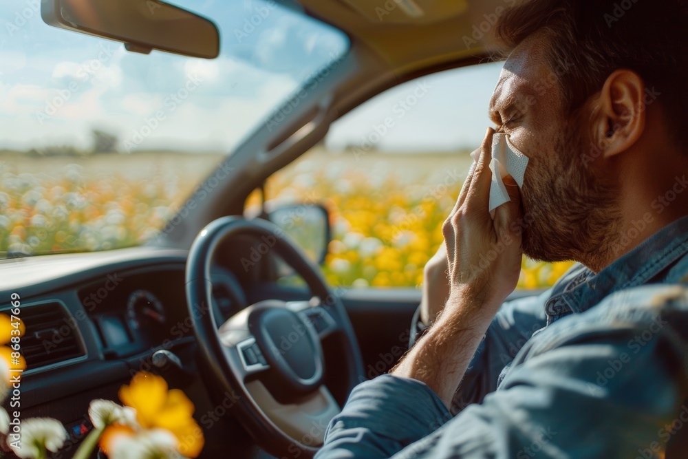 Naklejka premium Man Sneezing Into Tissue While Driving Near a Field of Blooming Flowers: Allergy Season Concept