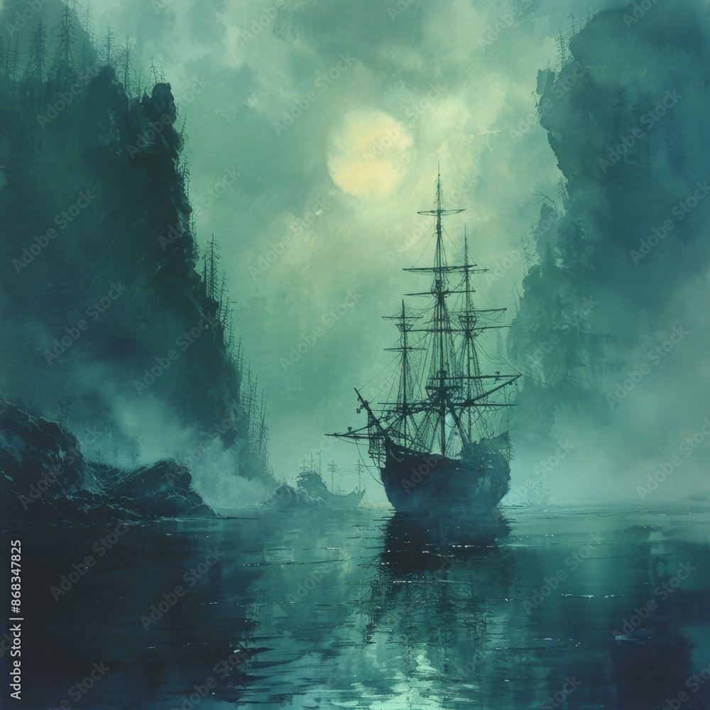 Obraz premium Serene Ghost Ship Navigating Misty Waters - Ethereal Fantasy Seascape with Soft Watercolors and Eerie Atmosphere
