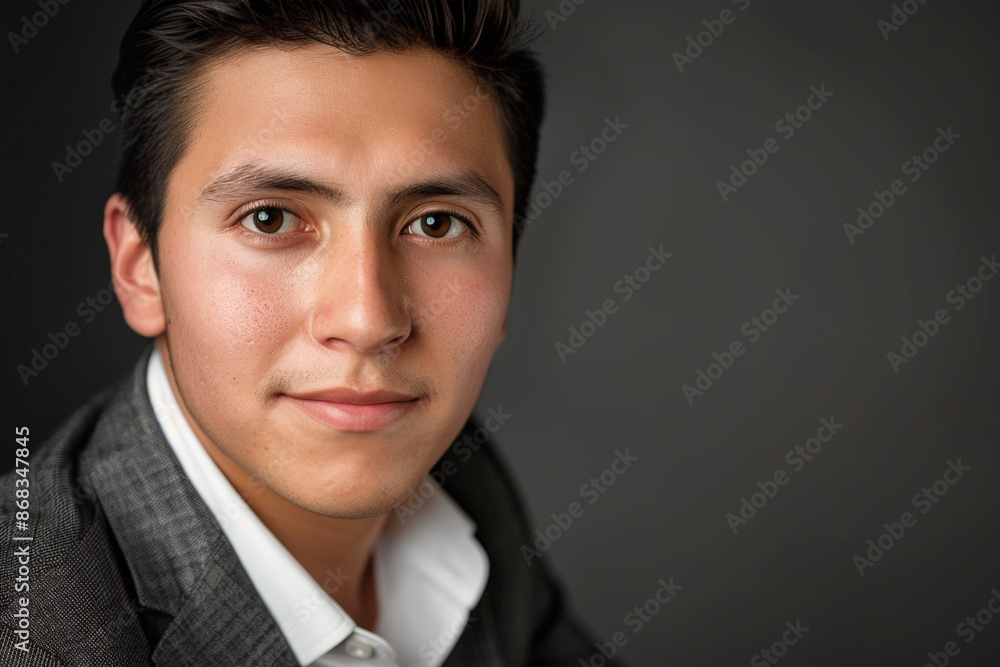 Close-up portrait of a young man of Latino descent, studio photo, against a sleek gray studio backdrop Close-up portrait of a young man of Latino descent, studio photo, against a sleek gray studio backdrop