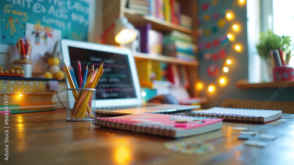 Cozy study desk with notebooks, colored pencils, and laptop in a warmly lit creative workspace Cozy study desk with notebooks, colored pencils, and laptop in a warmly lit creative workspace