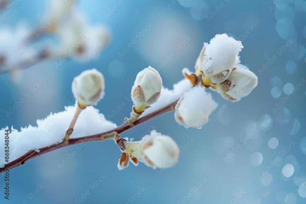 Snow-Covered Cherry Blossoms on Branch Snow-Covered Cherry Blossoms on Branch