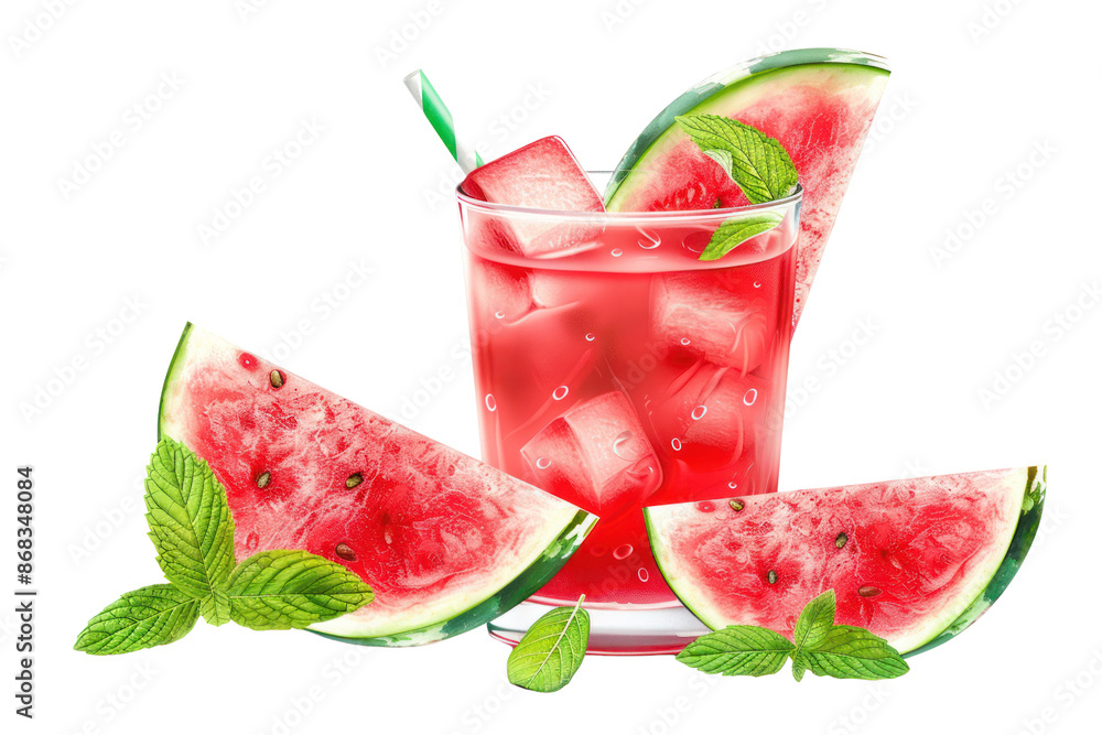 Refreshing watermelon juice in a glass with ice cubes, garnished with mint leaves and served with fresh watermelon slices. Refreshing watermelon juice in a glass with ice cubes, garnished with mint leaves and served with fresh watermelon slices.