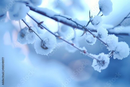 Snow-Covered Tree Branches with Frost-Dusted Berries photo