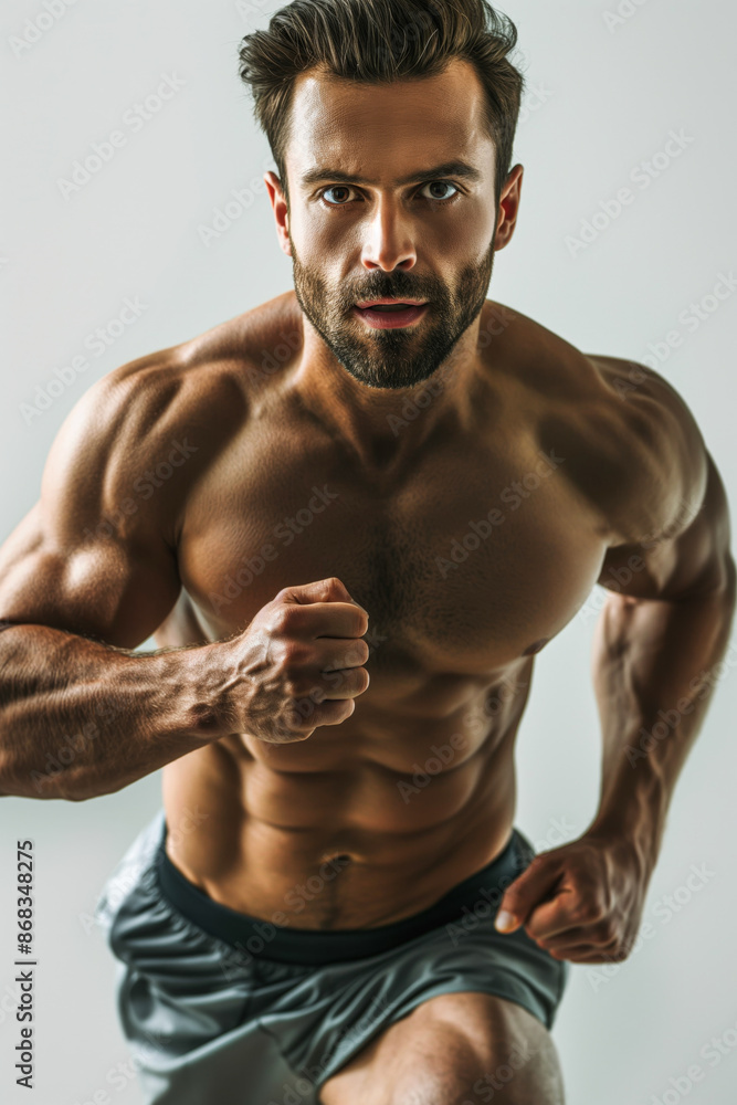 Fototapeta premium Muscular Man Running with Determined Look