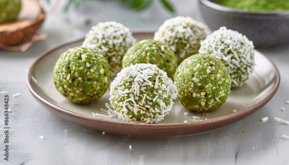 A plate of green balls with coconut on top A plate of green balls with coconut on top