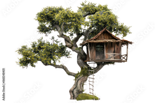 Rustic wooden treehouse nestled in an old tree with green foliage and moss-covered branches, perfect for nature lovers.